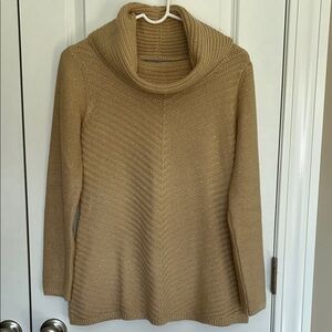 Valerie Stevens,Cozy Tan with Gold Threads, Cowl Neck Sweater, S
